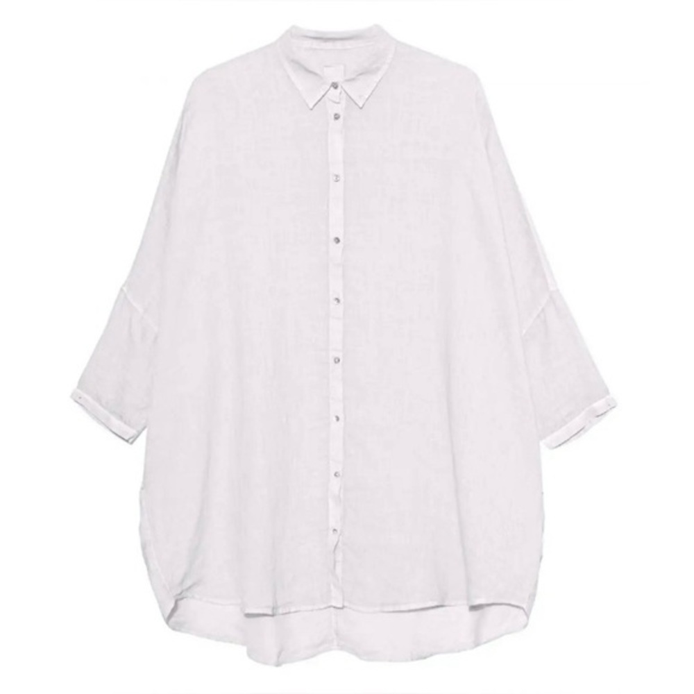 120% LINO Oversized Long 3/4 Sleeve Linen Button Down Lagenlook Top M